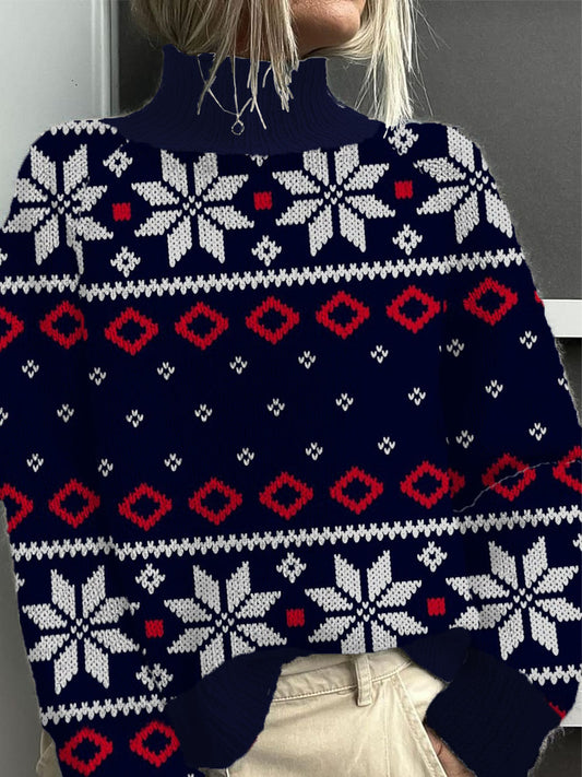 Womens navy red snowflake fair isle mock neck svetr