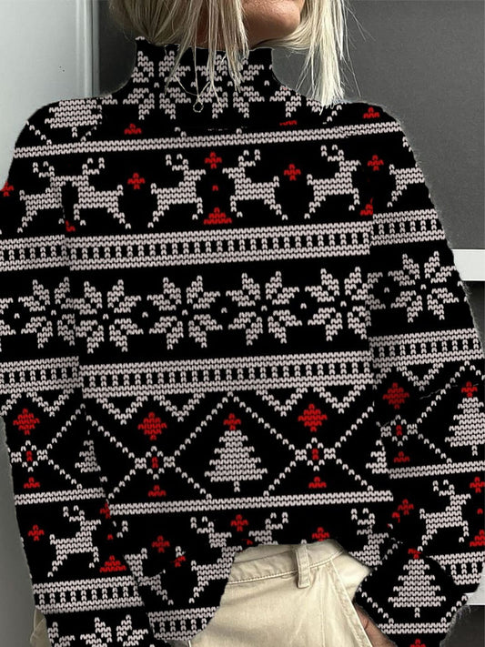 Dámské odvážné černé soby vánoční mock krk svetr