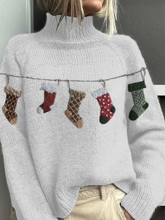 Dámské roztomilé vánoční punčochy tisk mock neck svetr