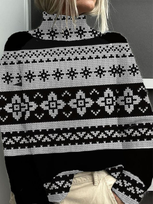 Dámské unikátní černé bílé vzor mock krk svetr
