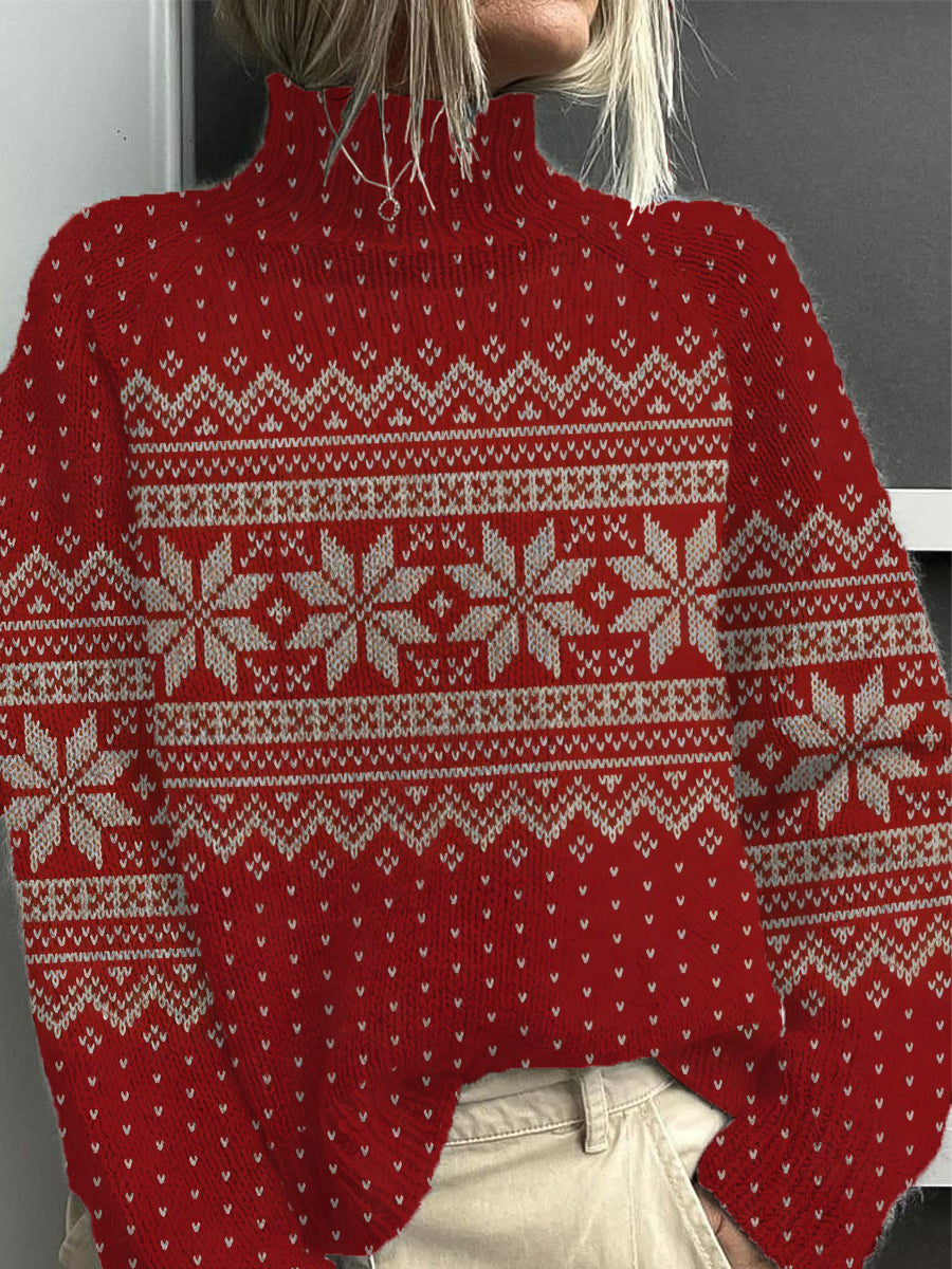 Dámské slavnostní červené sněhové vločky fair isle mock neck svetr