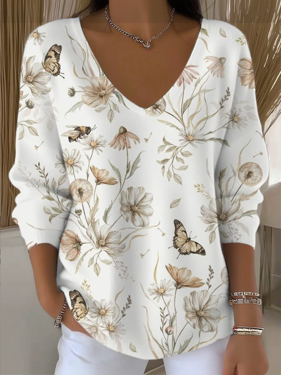 Dámské okouzlující květinové & butterfly print vneck svetr