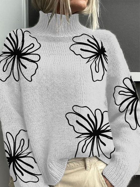 Dámské elegantní bílá černá květinová linka umění mock neck svetr
