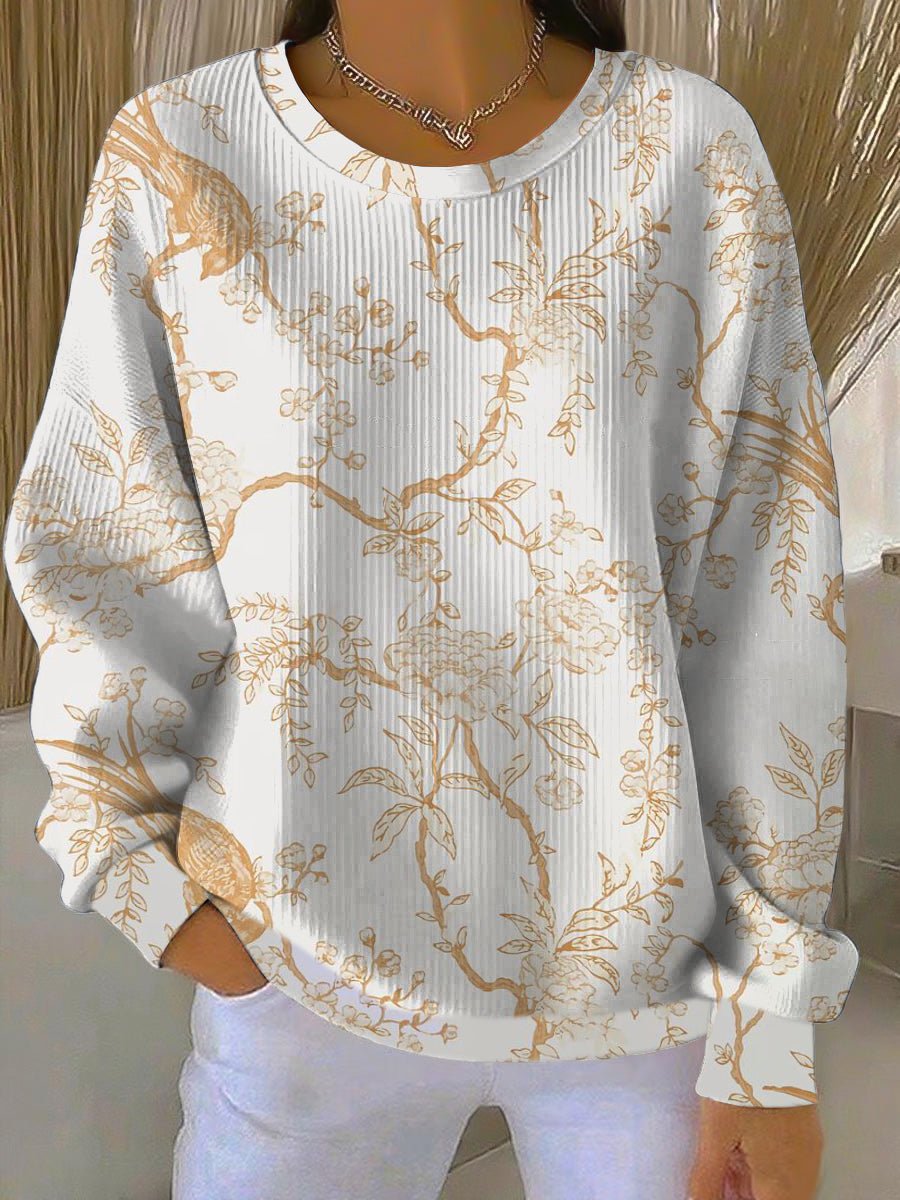 Dámské klasické zlaté květinové & ptačí tisk mikina