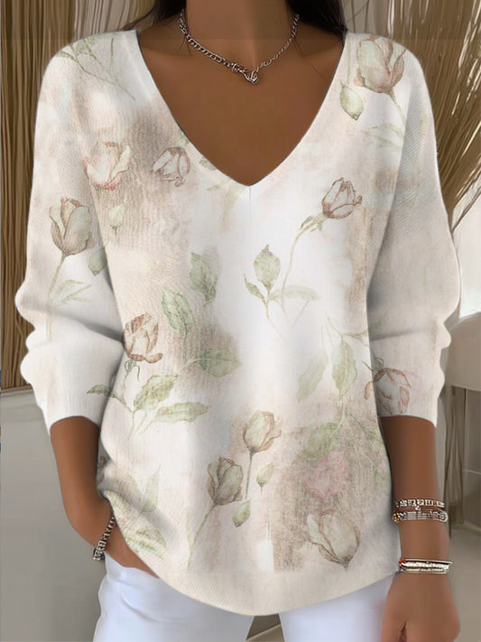 Dámské elegantní béžové růžové tisk vkrk svetr