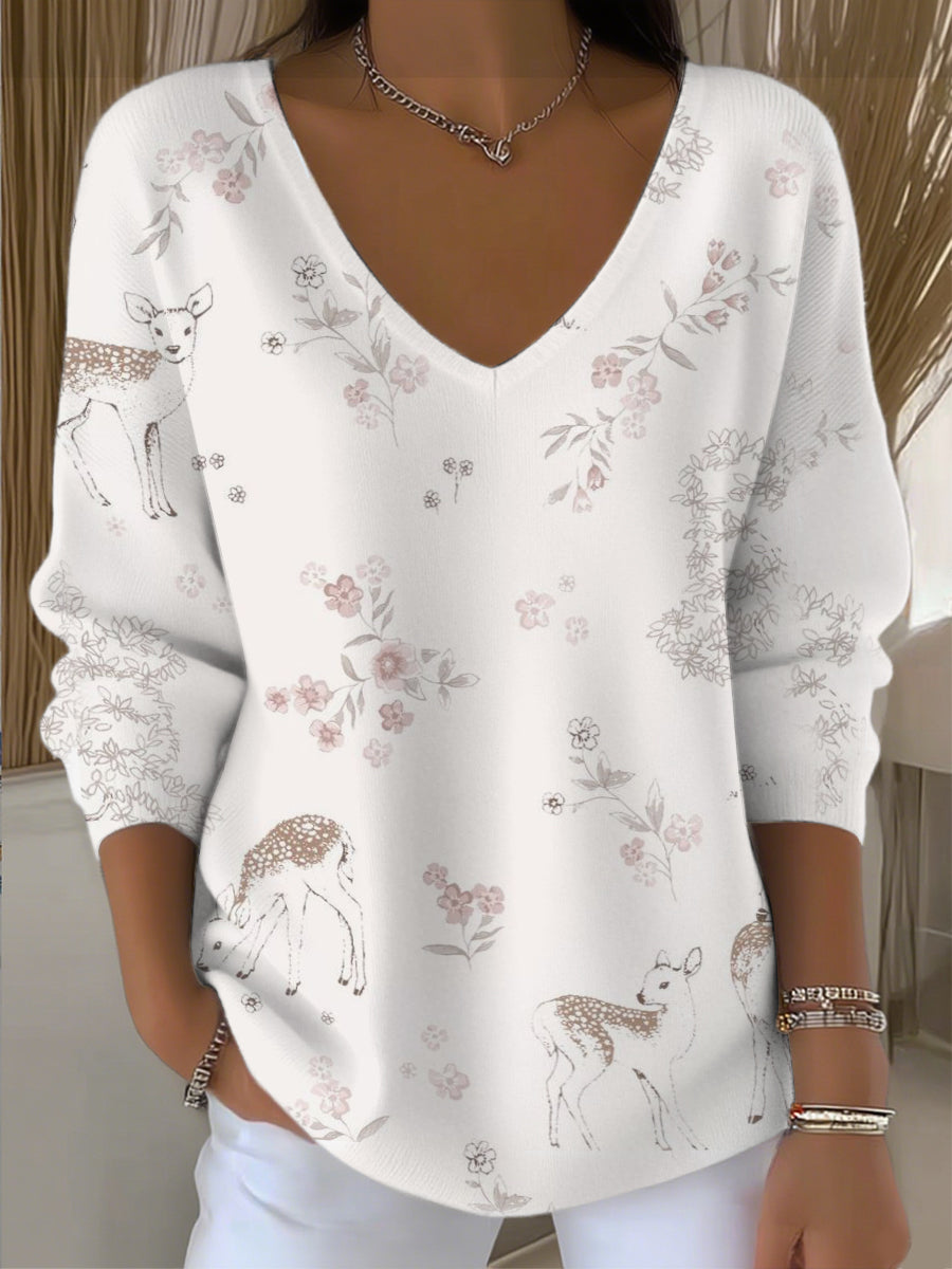 Dámské sladké jeleny a květinové tisk vkrk svetr