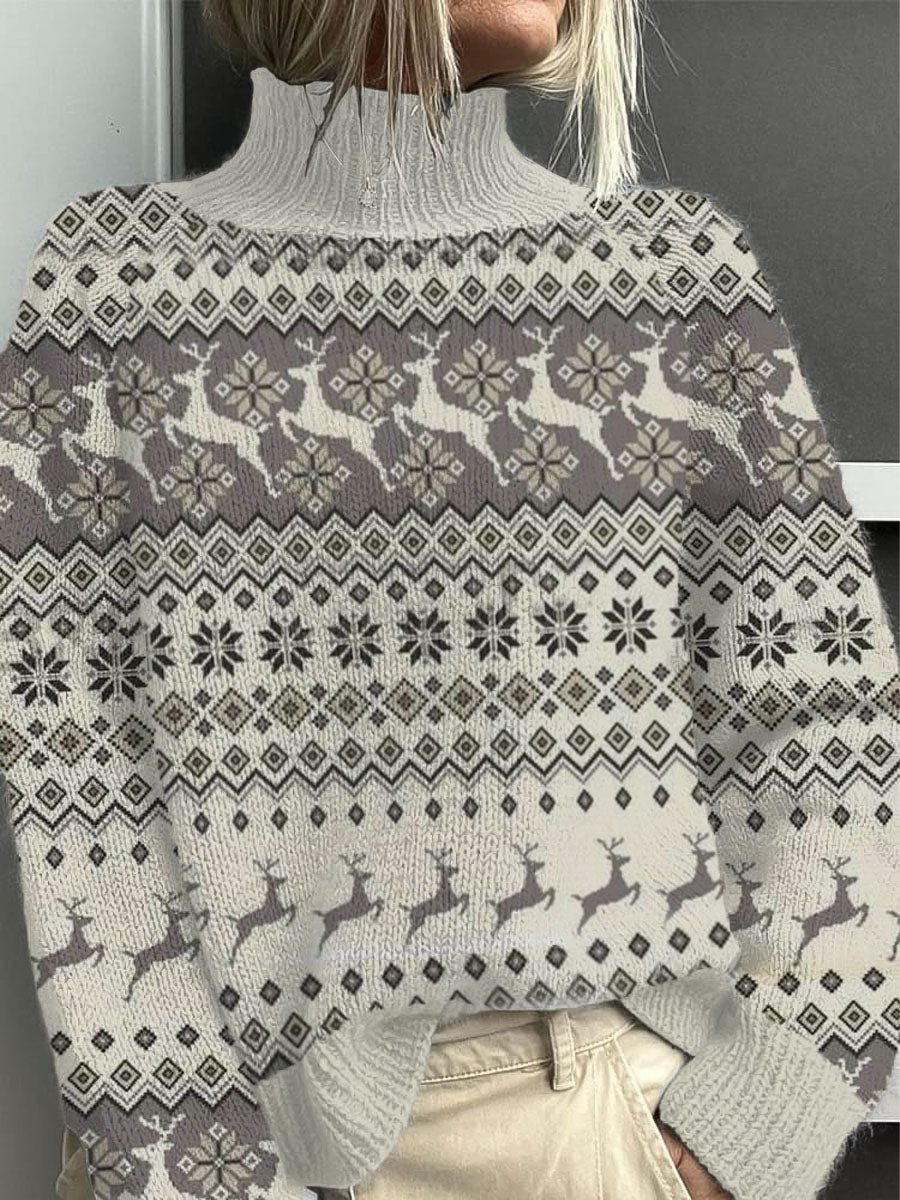 Dámské šedé soby fair isle mock neck svetr