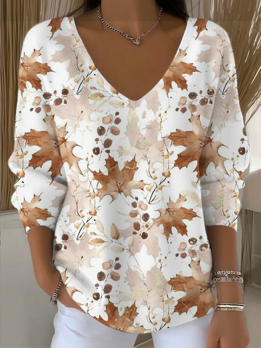 Dámské teplé hnědé listy vneck svetr