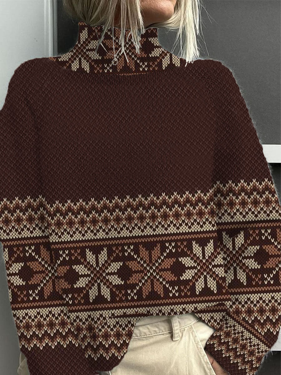 Dámské stylové hnědé sněhové vločky mock neck svetr