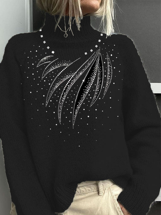 Dámské okouzlující černá kamínka křídlo mock krku svetr