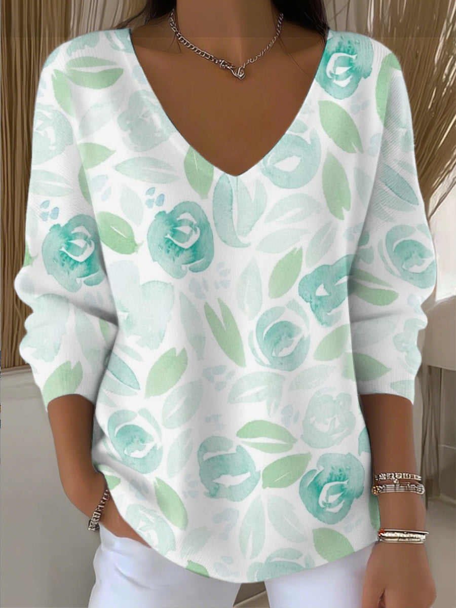 Dámské čerstvé zelené květinové tisk vkrk svetr