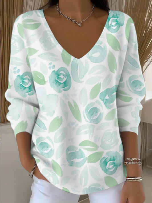 Dámské čerstvé zelené květinové tisk vkrk svetr