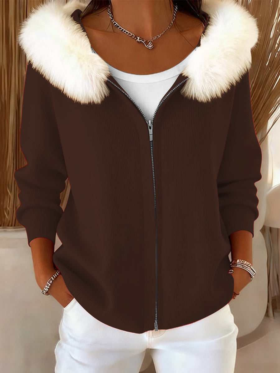 Dámské elegantní hnědé pevné kožešinový kabát