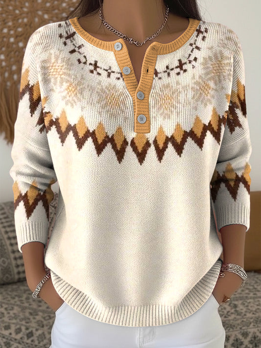 Ženy vintage fair isle colorblock art vneck top