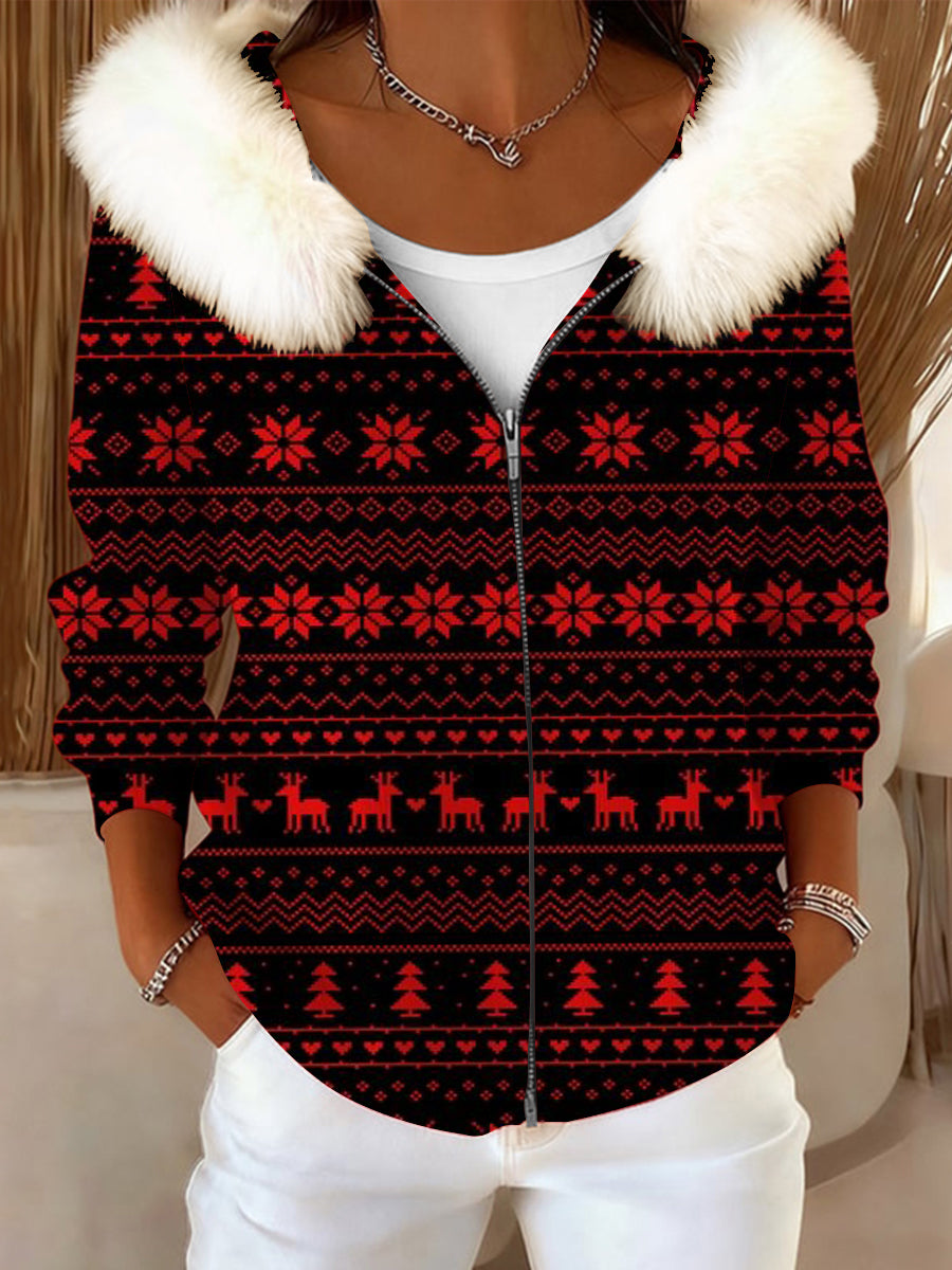 Ženské chirstmas stylové červené sněhové vločky soby kožešin obojek kabát