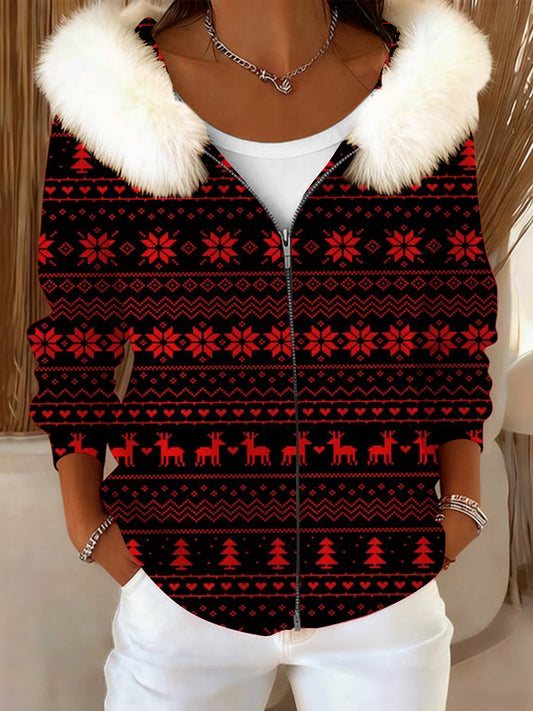 Ženské chirstmas stylové červené sněhové vločky soby kožešin obojek kabát