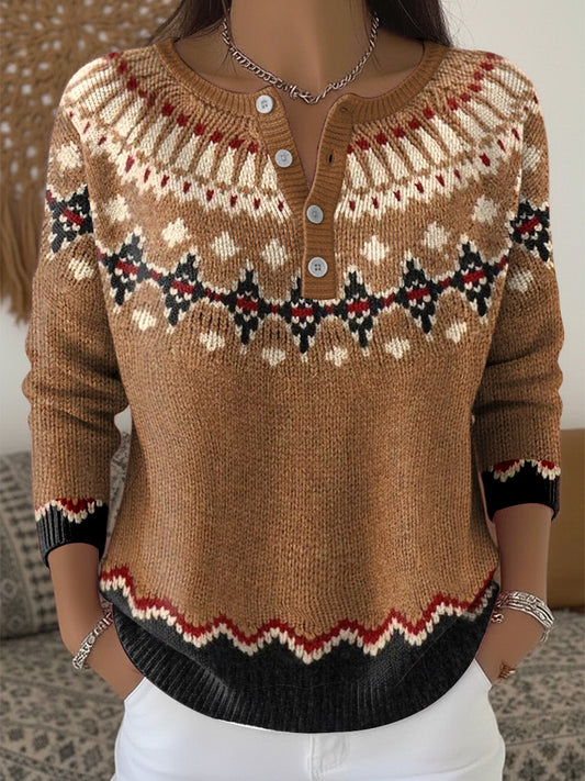 Ženy vintage fair isle geometrické umění vneck top