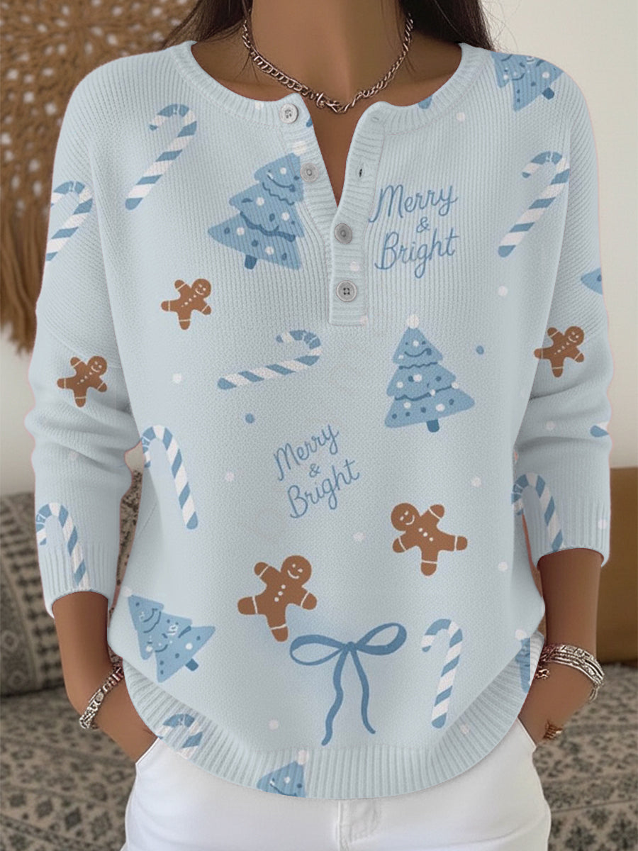 Dámské roztomilé modré vánoční tisk henley svetr