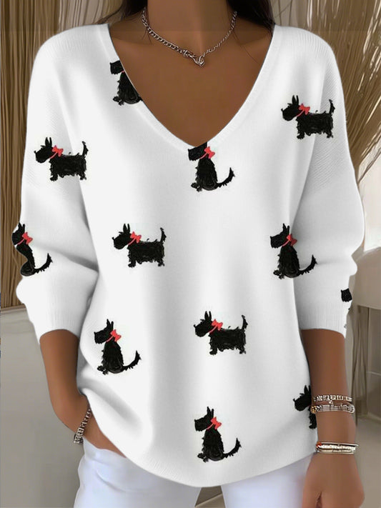 Dámské cute scottie dog print vneck svetr