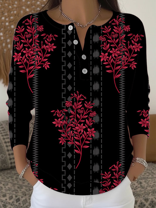 Dámské stylové černé červené květinové vzor henley svetr