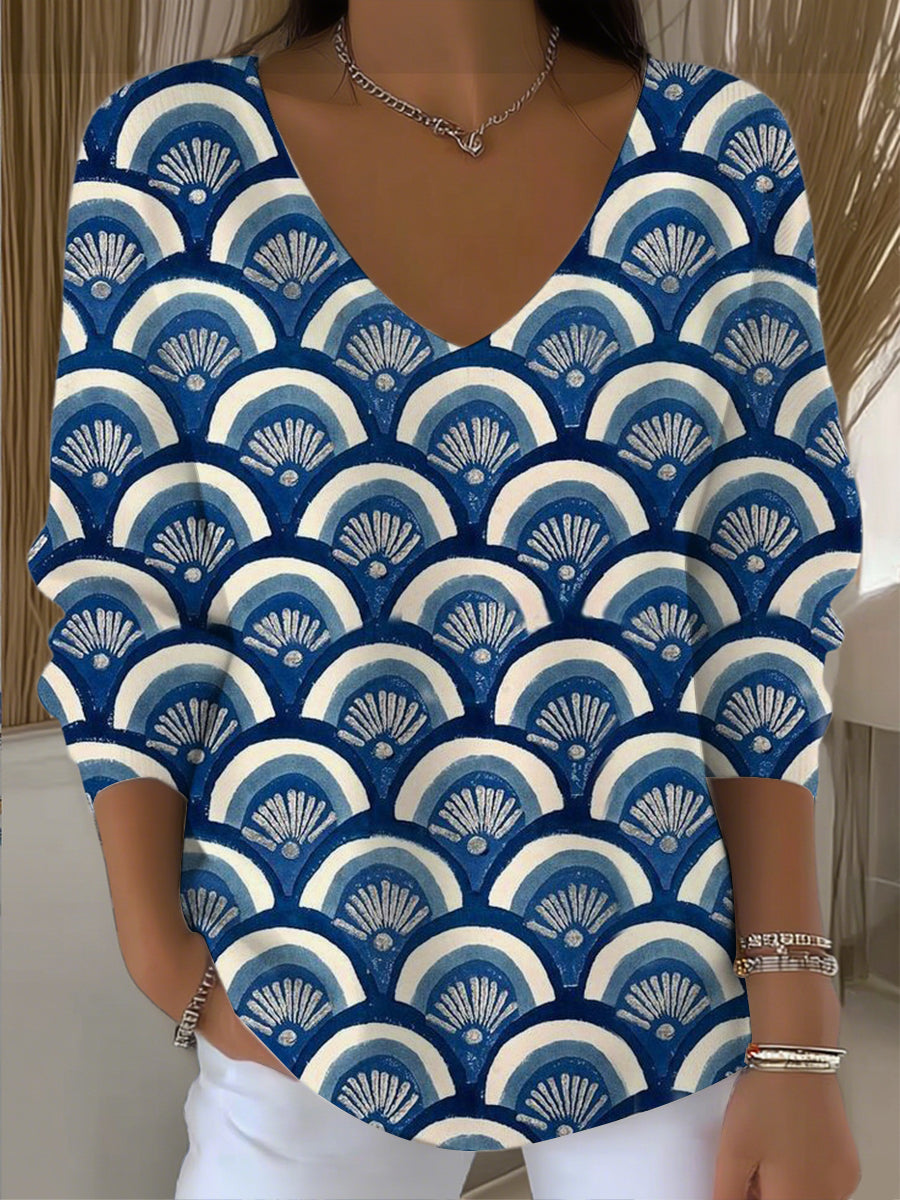 Dámské elegantní modré ventilátor vzor vkrk svetr