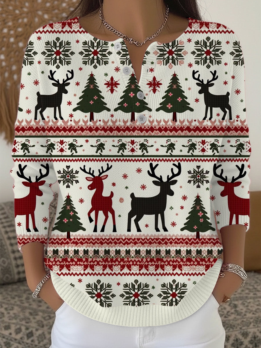 Ženy slavnostní červené zelené soby vánoční henley svetr