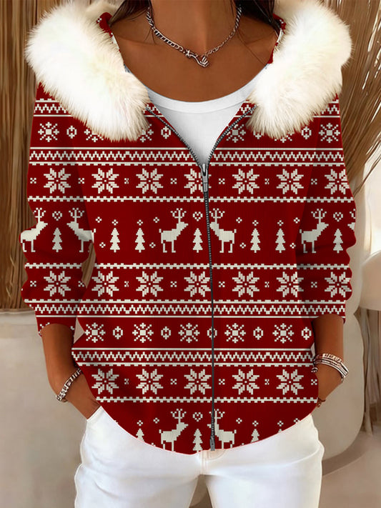 Ženské chirstmas klasická červená sněhová vločka soby kožešin obojek kabát