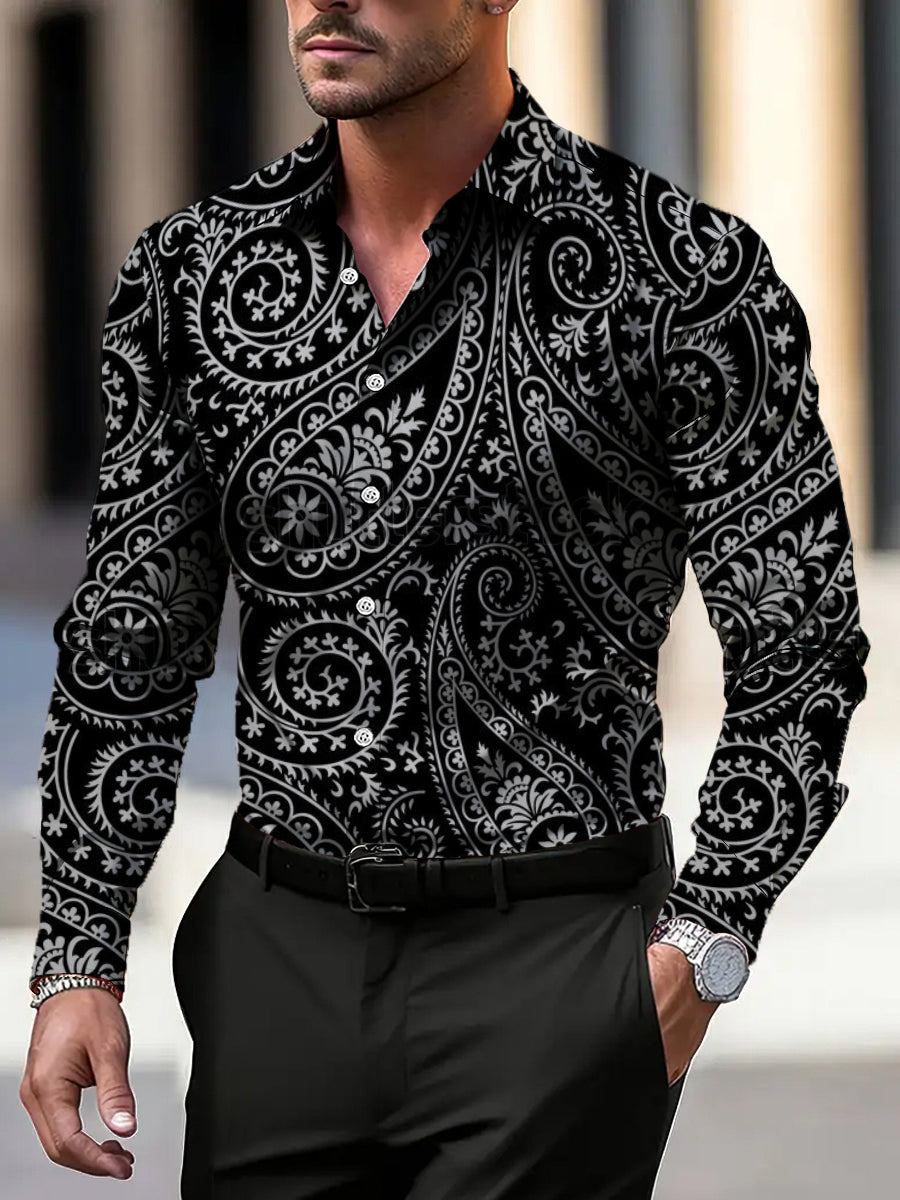 Pánské rozlišovací černábílá paisley tričko s dlouhým rukávem