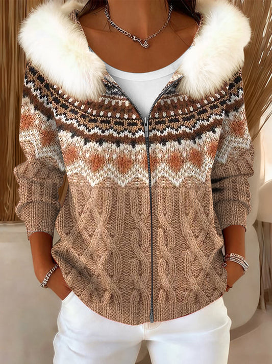 Ženy vintage fair isle vzor vlnagoodin kabát s kapucí