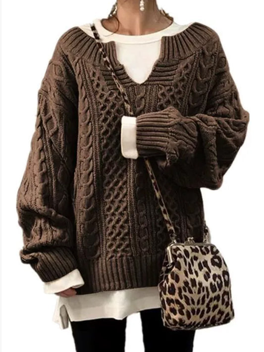 Dámské hnědé kabelové pletené svetr