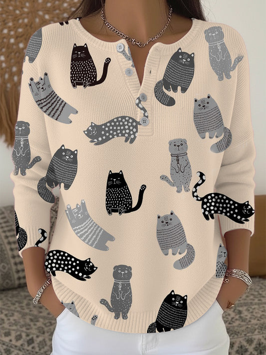 Dámské stylové černé šedé kočky tištěné henley svetr