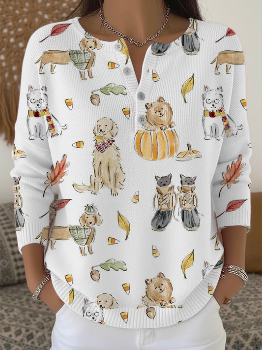 Dámské okouzlující pet & autumn print henley svetr