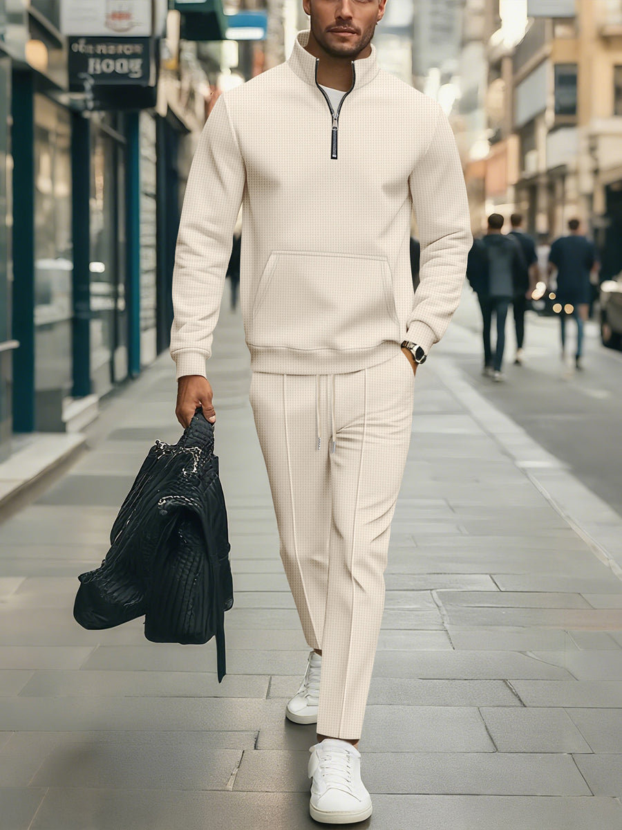 Pánský minimalistický vafleweave polo pocket zipper trouser set