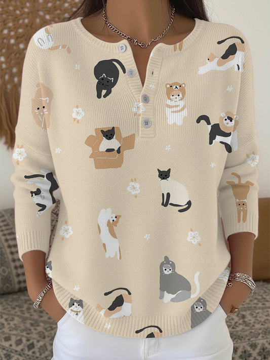 Dámské roztomilé kreslené kočky vytisknout henley svetr