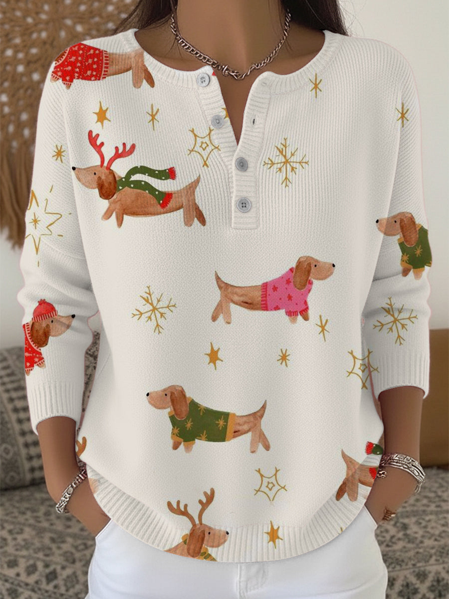 Ženy slavnostní dachshund vánoční tisk henley svetr