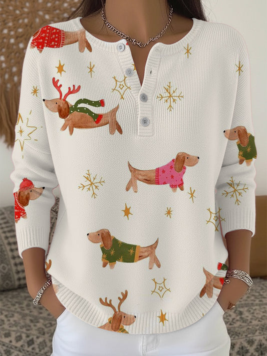 Ženy slavnostní dachshund vánoční tisk henley svetr