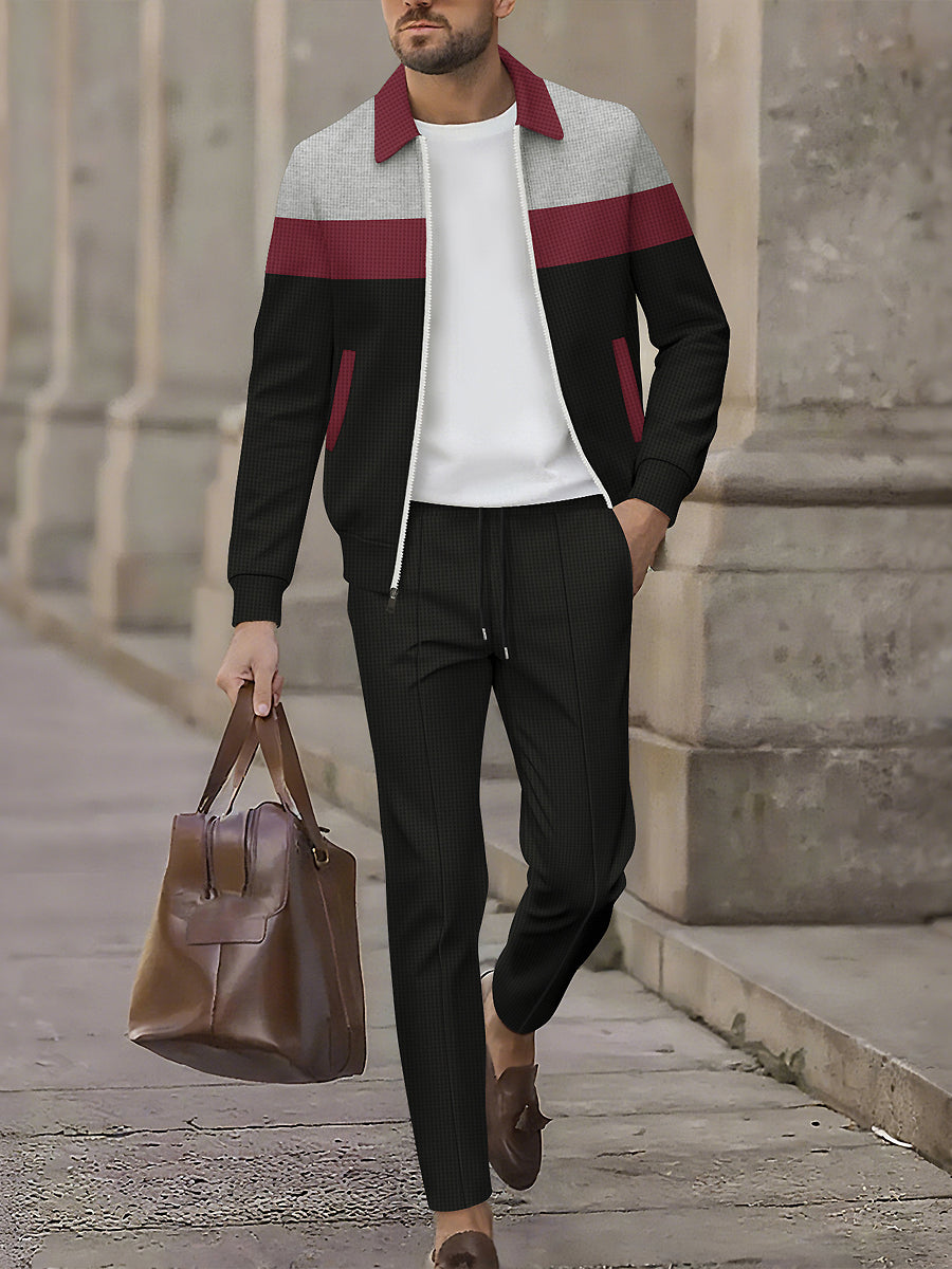 Pánský minimalistický vafleweave colorblock zipper golier jacket set