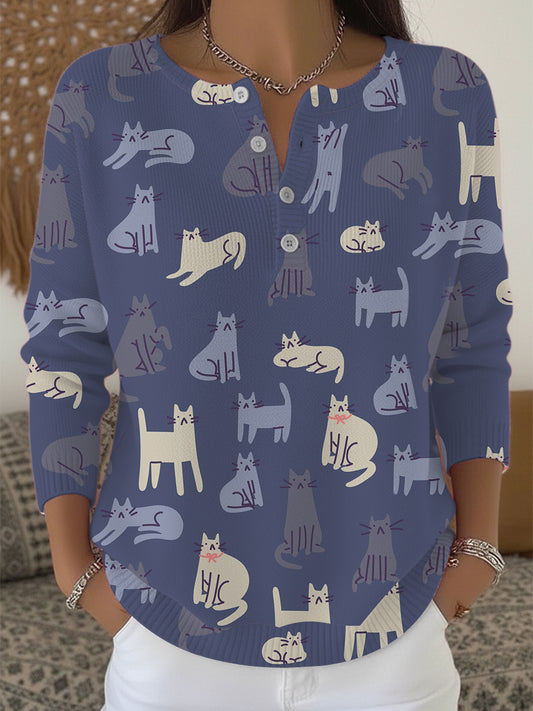 Ženská minimalistická kočka vytisknout henley svetr