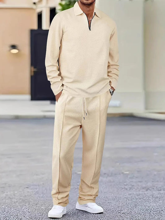 Pánské vintage vafleweave obojek polo shirt & dress pants set