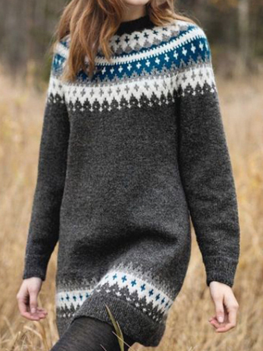 Ženské vintage etnické žakvardové dlouhé pletené šaty