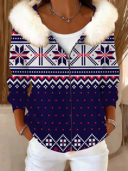 Dámské trendy navy & red print kožešinový kabát