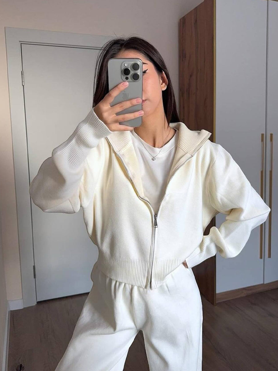 Dámské vintage slimfit orpped hooded pletené dvoudílné sady