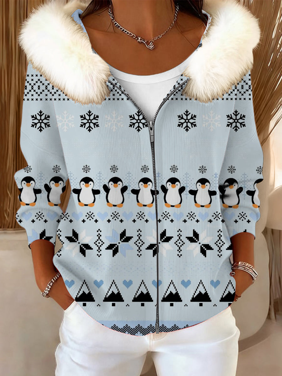 Dámské rozkošné tučňácký tisk kožešinový obojek bunda