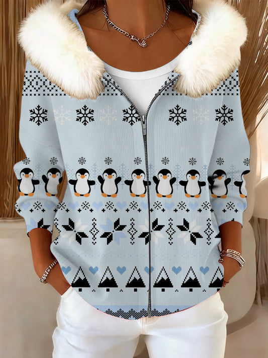 Dámské rozkošné tučňácký tisk kožešinový obojek bunda