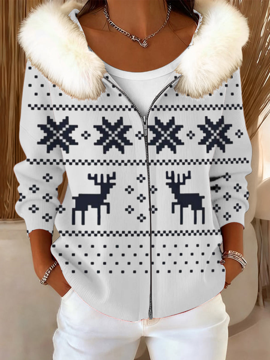 Ženy klasický sob tisk kožešinový obojek bunda