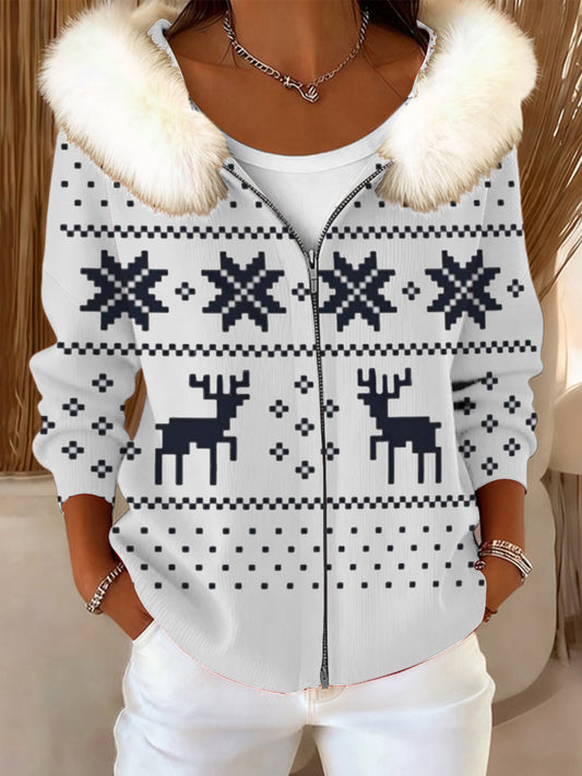 Ženy klasický sob tisk kožešinový obojek bunda