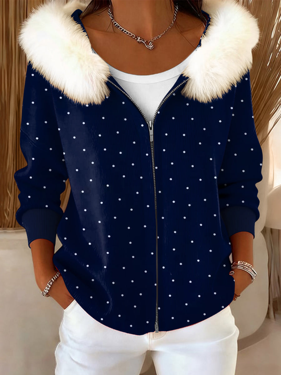 Ženy vintage polka dot umělecká kožešinatrim kabát s kapucinou