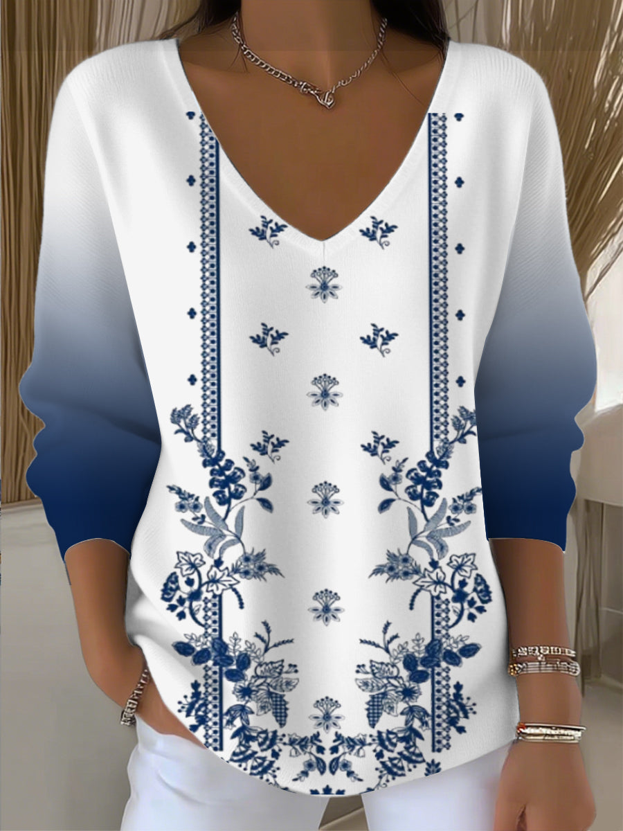 Dámské elegantní modrobílý gradient floral vneck svetr