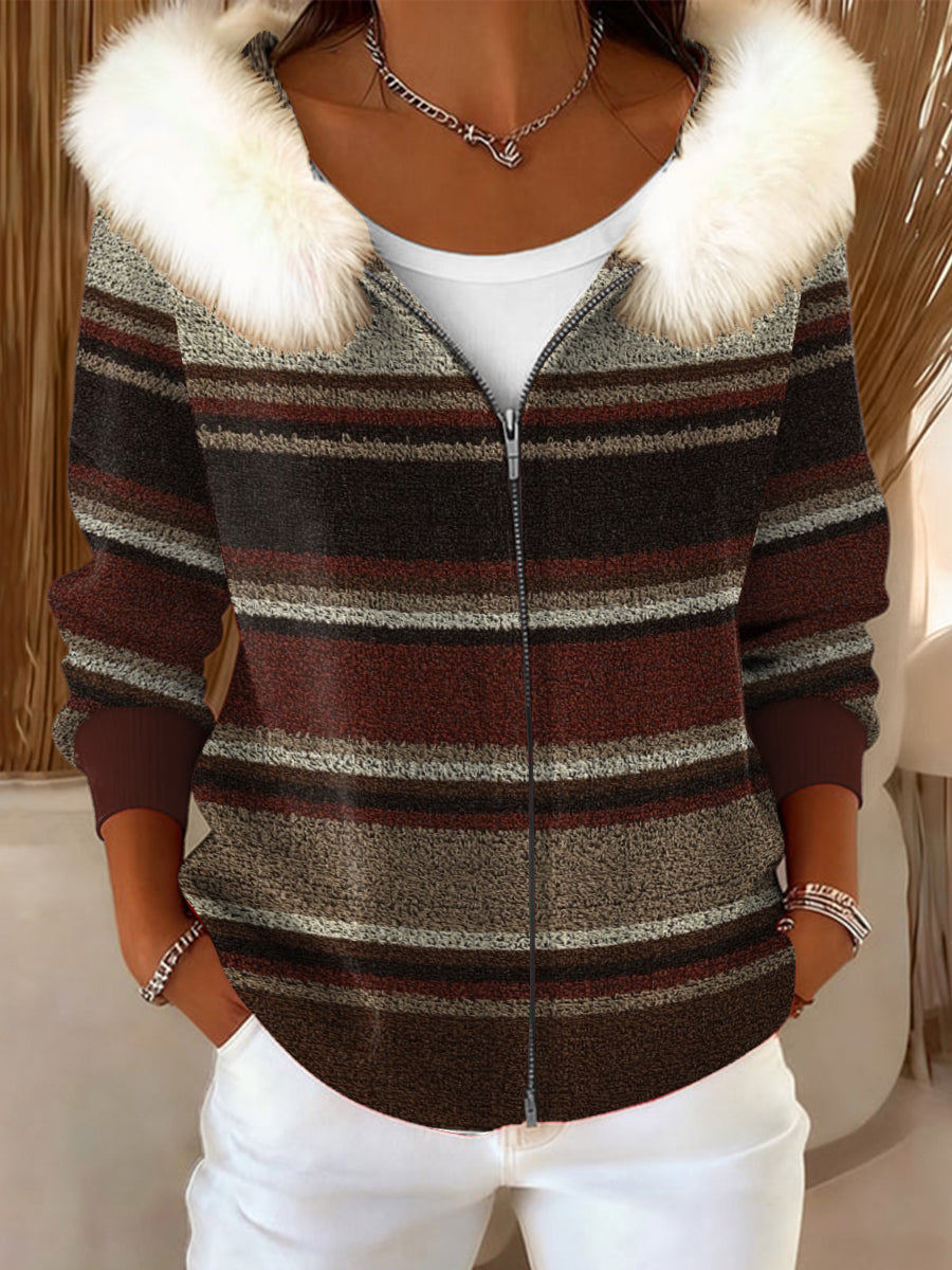 Ženské vintage pruhované umělecké umělé kožešiny obojek s kapucinou kabát