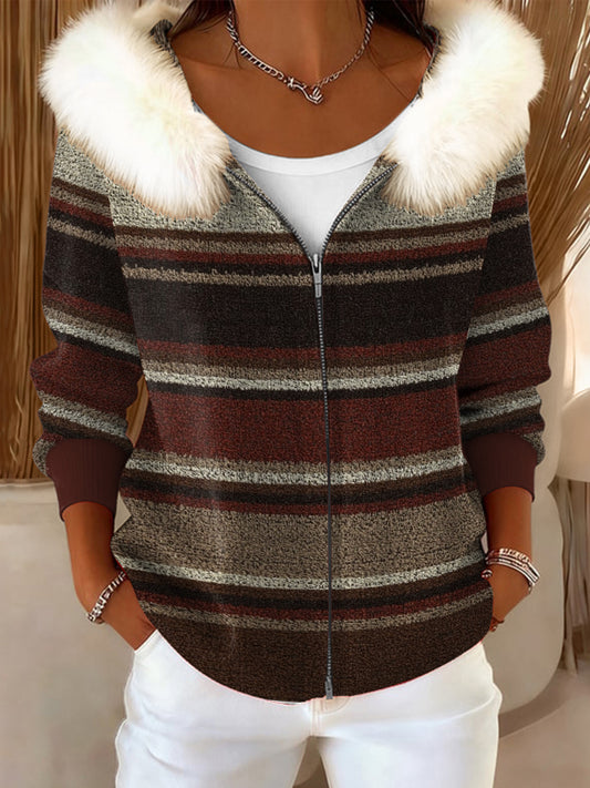 Ženské vintage pruhované umělecké umělé kožešiny obojek s kapucinou kabát